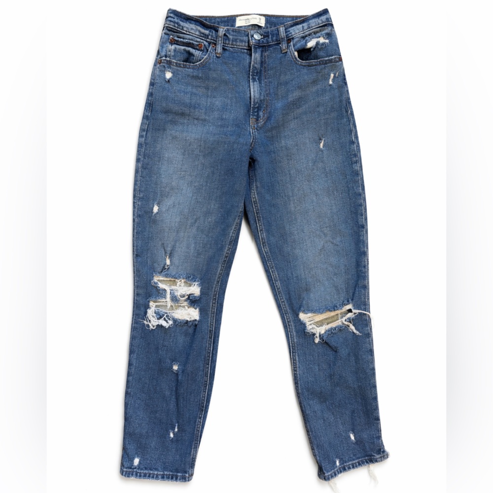 Abercrombie & Fitch High Rise Mom Jeans Distressed Raw Hem Size 28